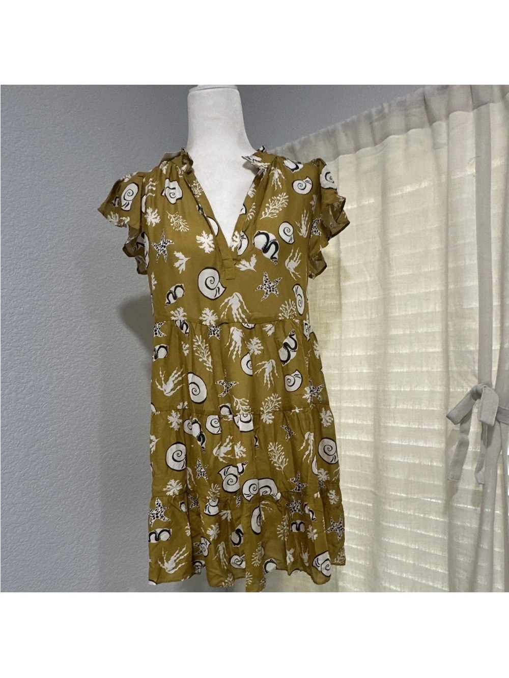 Anthropologie Mustard Yellow Nautical Shell-Print Midi Dress - Picture 4 of 5